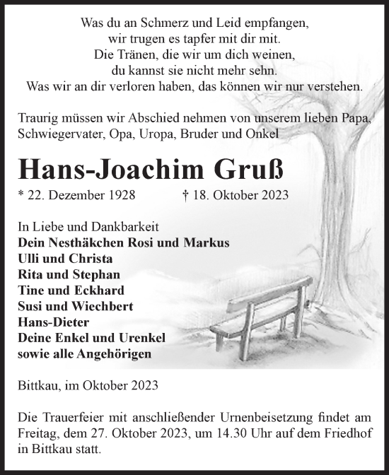 Traueranzeige von Hans-Joachim Gruß von Volksstimme Altmark Ost