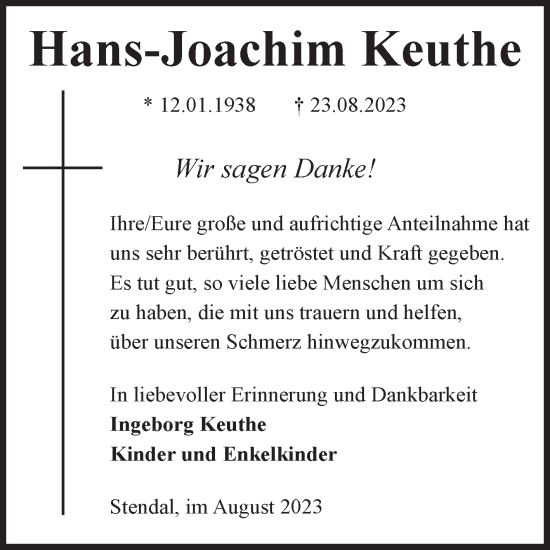 Traueranzeige von Hans-Joachim Keuthe von Volksstimme Altmark Ost