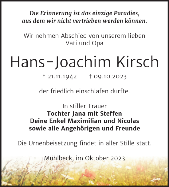 Traueranzeige von Hans-Joachim Kirsch von Trauerkombi Bitterfeld