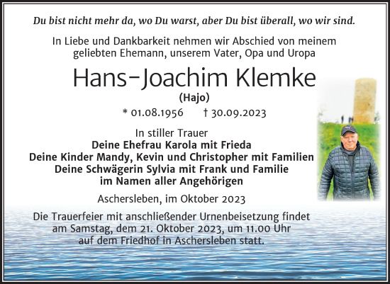 Traueranzeige von Hans-Joachim Klemke von Trauerkombi Aschersleben
