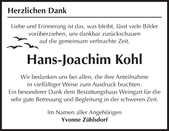Traueranzeige von Hans-Joachim Kohl von Volksstimme Altmark West