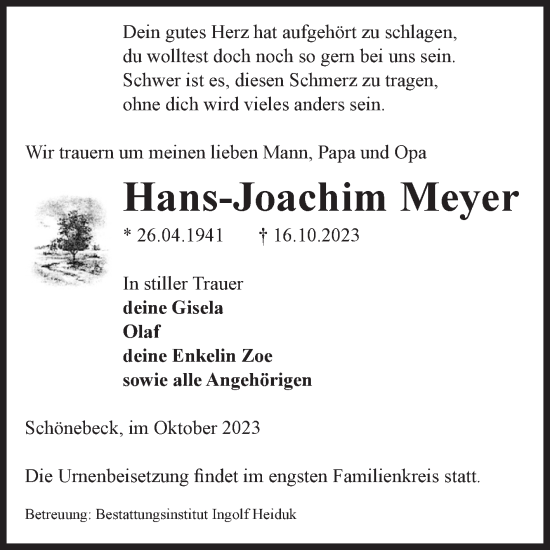 Traueranzeige von Hans-Joachim Meyer von Volksstimme Schönebeck