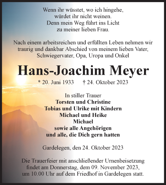 Traueranzeige von Hans-Joachim Meyer von Volksstimme Altmark West