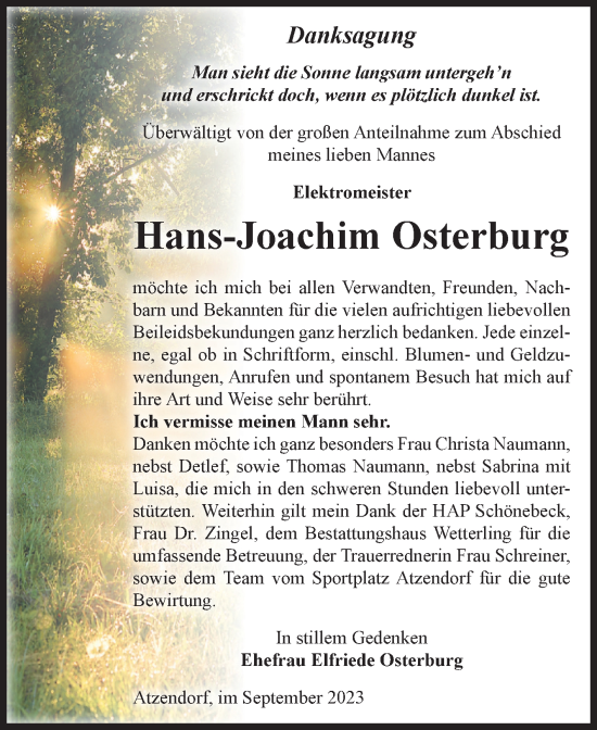 Traueranzeige von Hans-Joachim Osterburg von Volksstimme Staßfurt