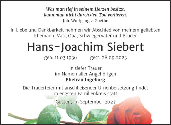 Traueranzeige von Hans-Joachim Siebert von Volksstimme Staßfurt