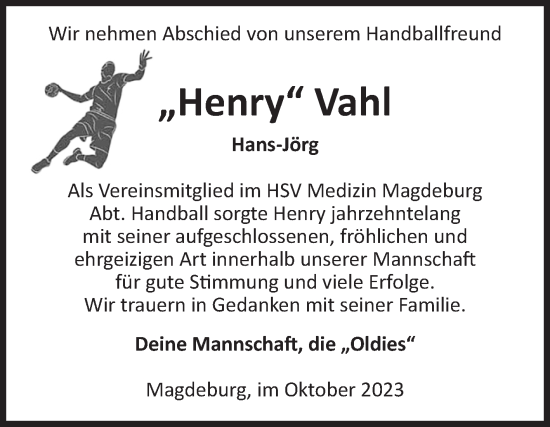 Traueranzeige von Hans-Jörg Vahl von Volksstimme Magdeburg