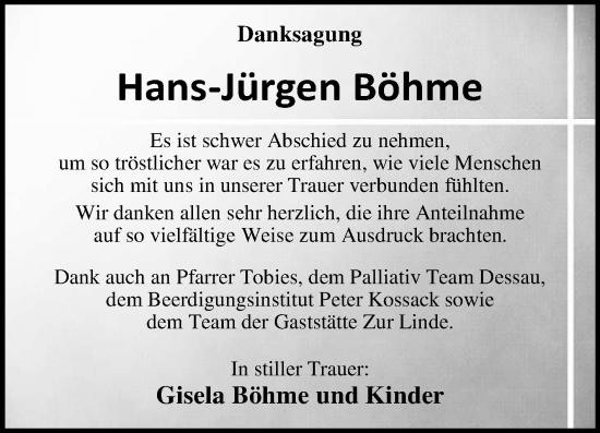 Traueranzeige von Hans-Jürgen Böhme von Trauerkombi Dessau