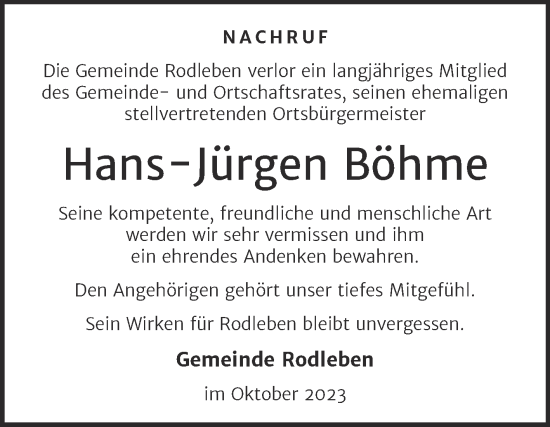 Traueranzeige von Hans-Jürgen Böhme von Super Sonntag Dessau-Roßlau
