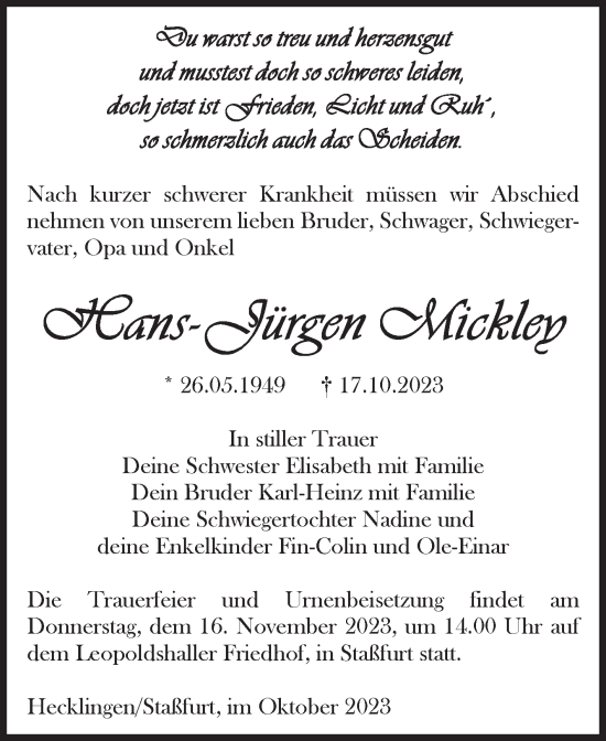Traueranzeige von Hans-Jürgen Mickley von Volksstimme Staßfurt