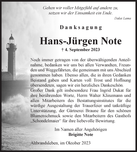 Traueranzeige von Hans-Jürgen Note von Volksstimme Oschersleben/Wanzleben