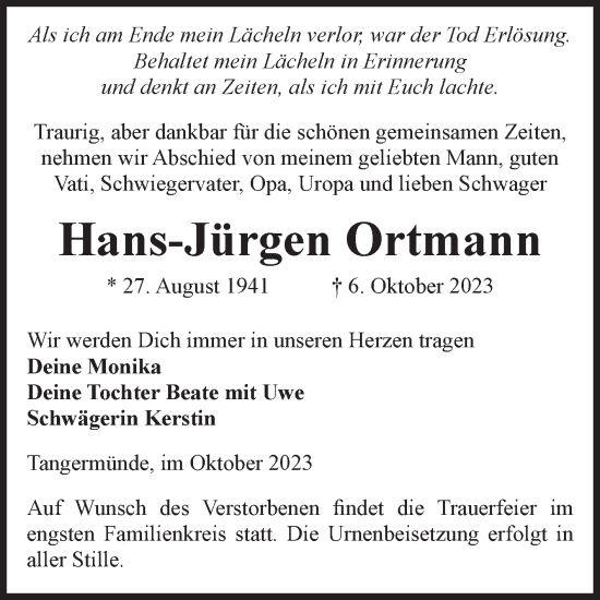 Traueranzeige von Hans-Jürgen Ortmann von Volksstimme Altmark Ost