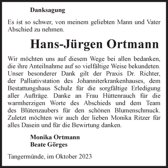 Traueranzeige von Hans-Jürgen Ortmann von Volksstimme Altmark Ost