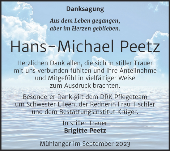 Traueranzeige von Hans-Michael Peetz von Trauerkombi Wittenberg