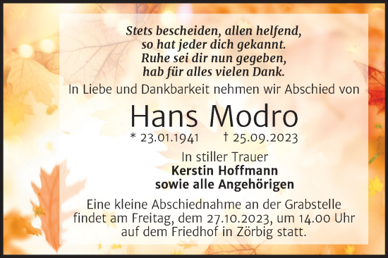 Traueranzeige von Hans Modro von Trauerkombi Bitterfeld