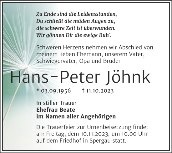 Traueranzeige von Hans-Peter Jöhnk von Trauerkombi Merseburg