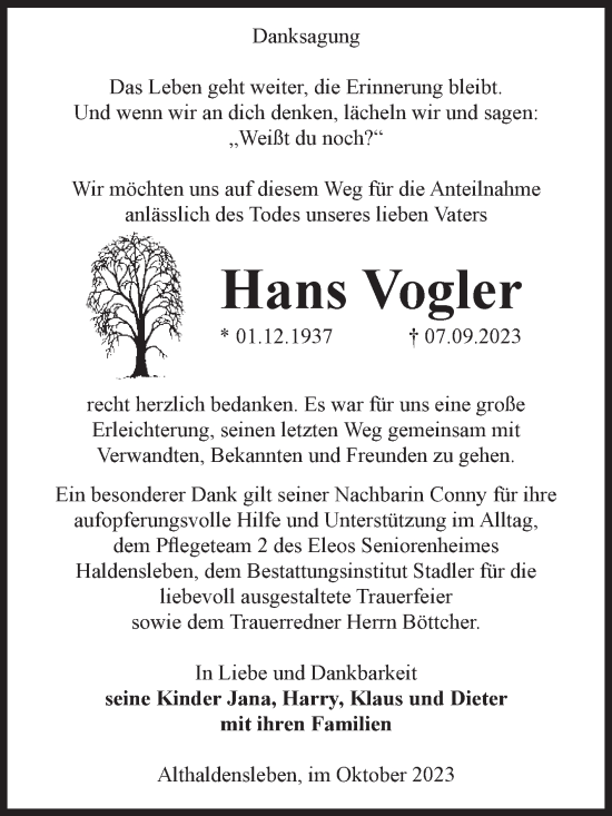Traueranzeige von Hans Vogler von Volksstimme Haldensleben/Wolmirstedt