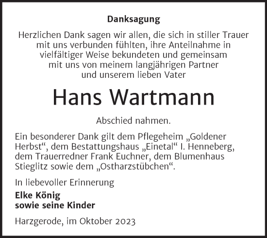 Traueranzeige von Hans Wartmann von Super Sonntag Quedlingburg