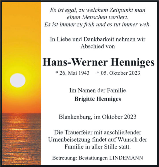 Traueranzeige von Hans-Werner Henniges von Volksstimme Wernigerode