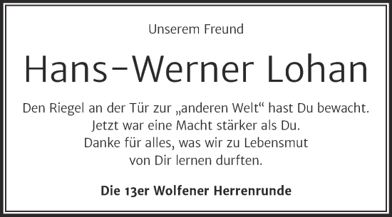 Traueranzeige von Hans-Werner Lohan von Trauerkombi Bitterfeld