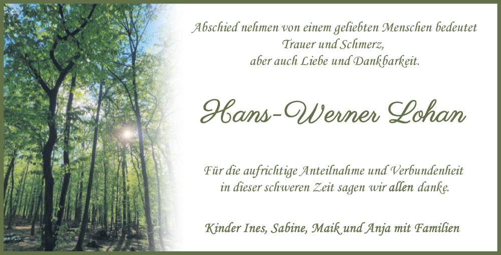  Traueranzeige für Hans-Werner Lohan vom 21.10.2023 aus Trauerkombi Bitterfeld