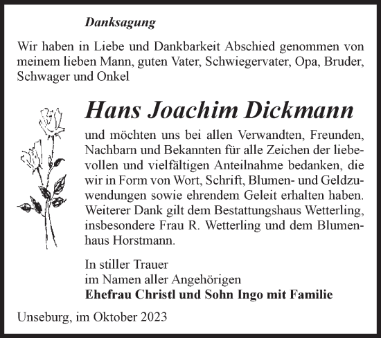 Traueranzeige von Hans Joachim Dickmann von Volksstimme Staßfurt