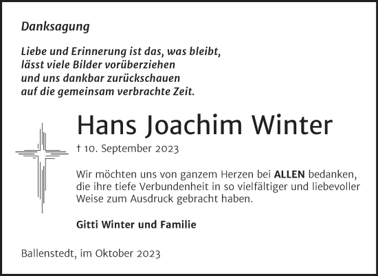 Traueranzeige von Hans Joachim Winter von Trauerkombi Quedlinburg