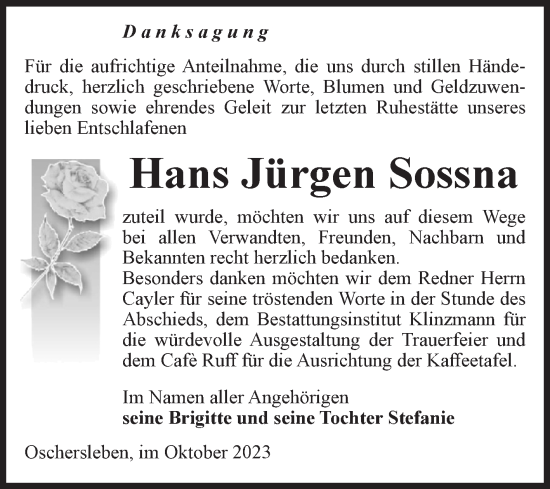 Traueranzeige von Hans Jürgen Sossna von Volksstimme Oschersleben/Wanzleben