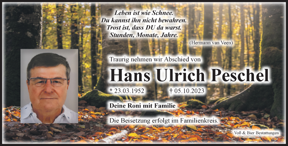  Traueranzeige für Hans Ulrich Peschel vom 14.10.2023 aus Volksstimme Wernigerode