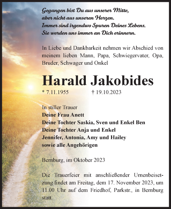 Traueranzeige von Harald Jakobides von Trauerkombi Bernburg