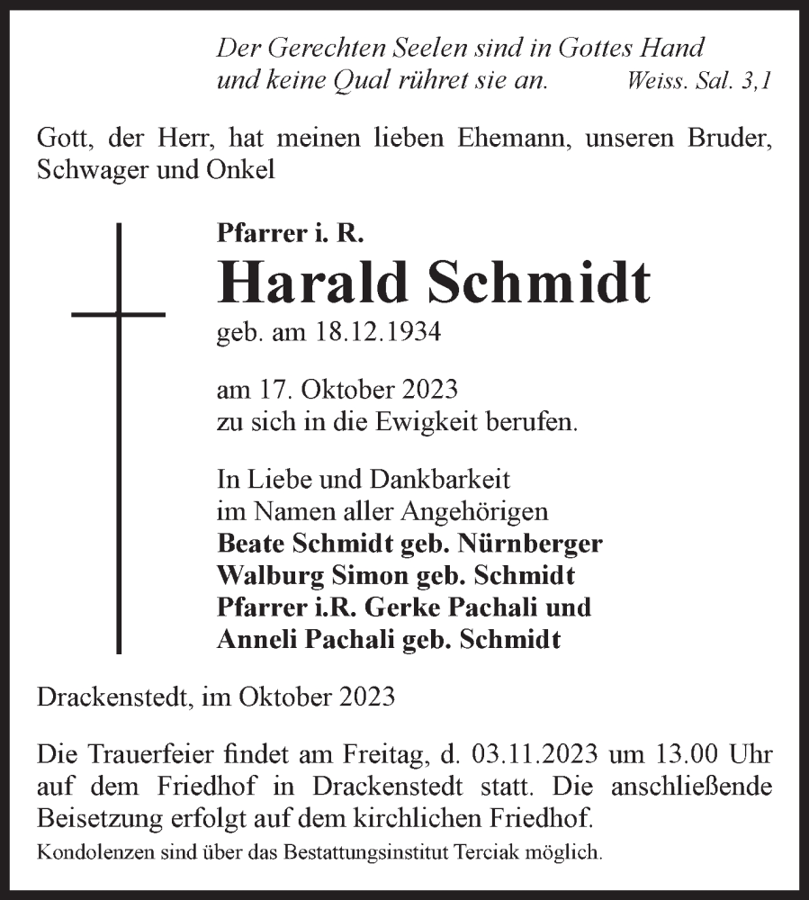  Traueranzeige für Harald Schmidt vom 21.10.2023 aus Volksstimme Oschersleben/Wanzleben