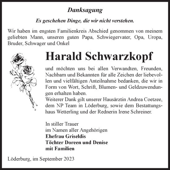 Traueranzeige von Harald Schwarzkopf von Volksstimme Staßfurt