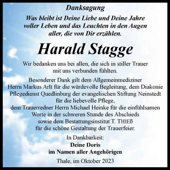 Traueranzeige von Harald Stagge von Trauerkombi Quedlinburg
