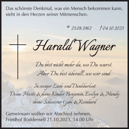Traueranzeige von Harald Wagner von Volksstimme Haldensleben/Wolmirstedt