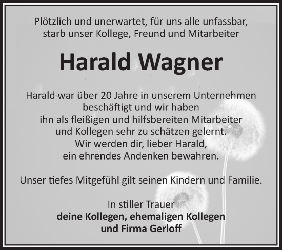 Traueranzeige von Harald Wagner von Volksstimme Haldensleben/Wolmirstedt