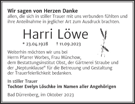 Traueranzeige von Harri Löwe von Trauerkombi Merseburg