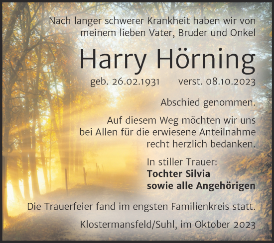 Traueranzeige von Harry Hörning von Trauerkombi Mansfelder Land