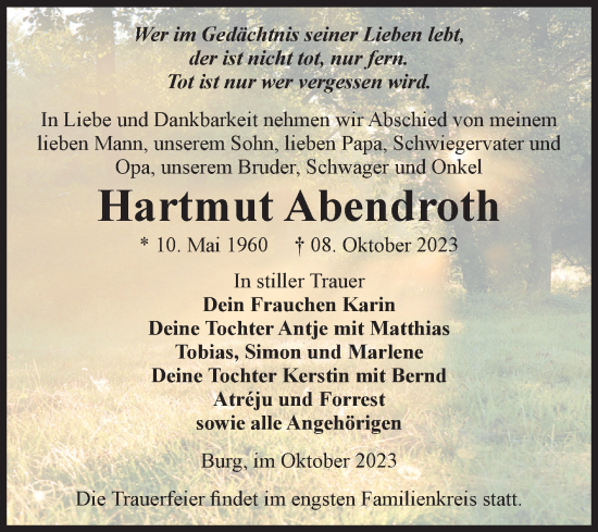 Traueranzeige von Hartmut Abendroth von Volksstimme Burg/Genthin