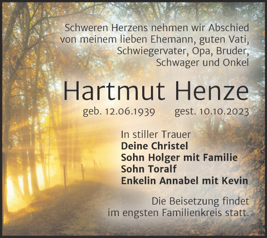 Traueranzeige von Hartmut Henze von Trauerkombi Bitterfeld