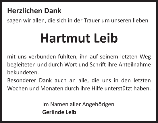 Traueranzeige von Hartmut Leib von Volksstimme Altmark Ost