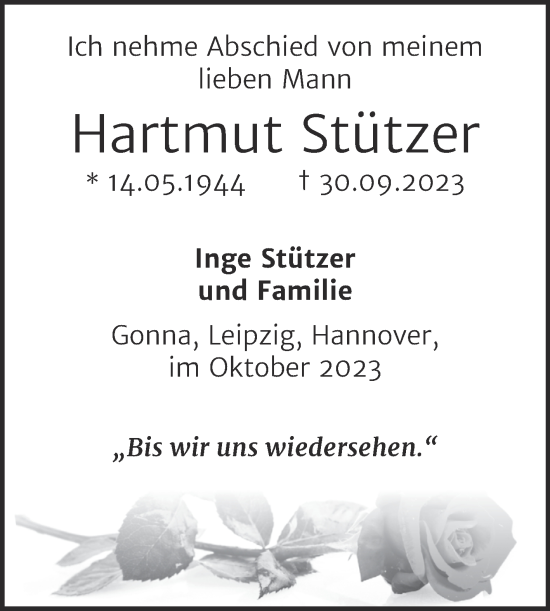 Traueranzeige von Hartmut Stützer von Trauerkombi Sangerhausen