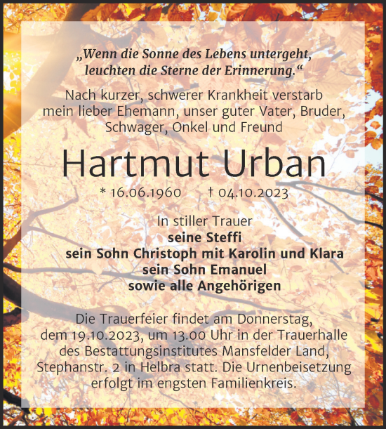 Traueranzeige von Hartmut Urban von Trauerkombi Mansfelder Land