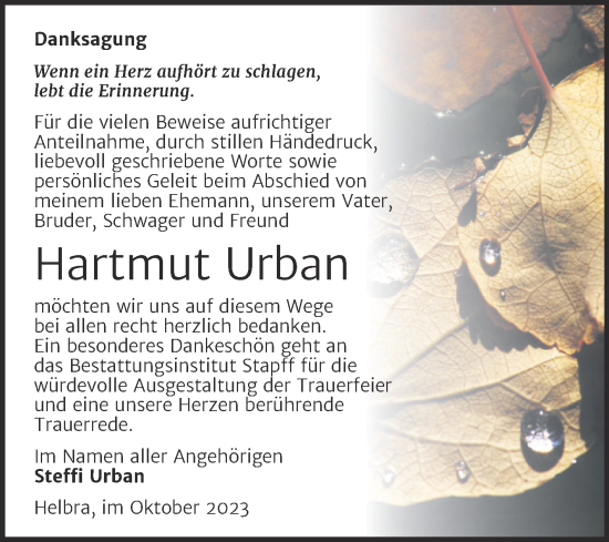 Traueranzeige von Hartmut Urban von Trauerkombi Mansfelder Land