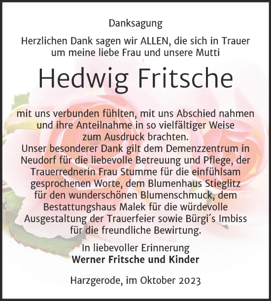 Traueranzeige von Hedwig Fritsche von Trauerkombi Quedlinburg