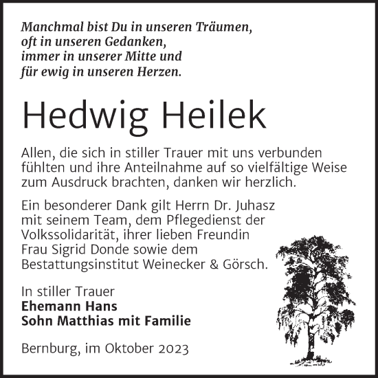 Traueranzeige von Hedwig Heilek von Trauerkombi Bernburg
