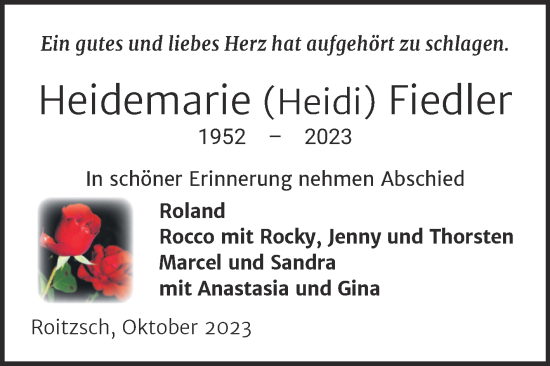 Traueranzeige von Heidemarie Fiedler von Trauerkombi Bitterfeld