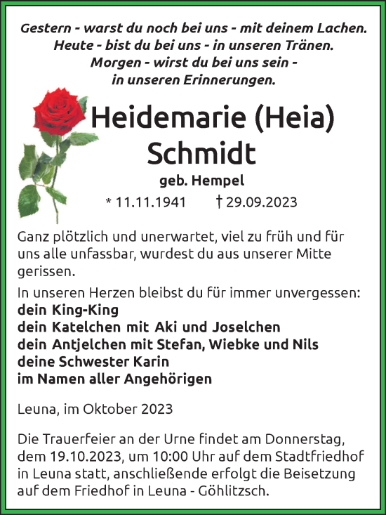 Traueranzeige von Heidemarie Schmidt von Trauerkombi Merseburg