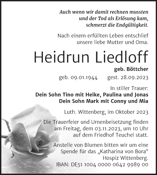 Traueranzeige von Heidrun Liedloff von Trauerkombi Wittenberg
