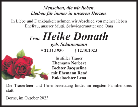 Traueranzeige von Heike Donath von Volksstimme Staßfurt