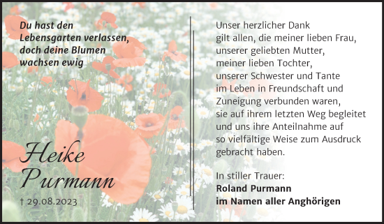 Traueranzeige von Heike Purmann von Trauerkombi Sangerhausen