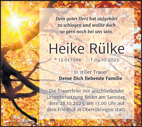 Traueranzeige von Heike Rülke von Trauerkombi Sangerhausen